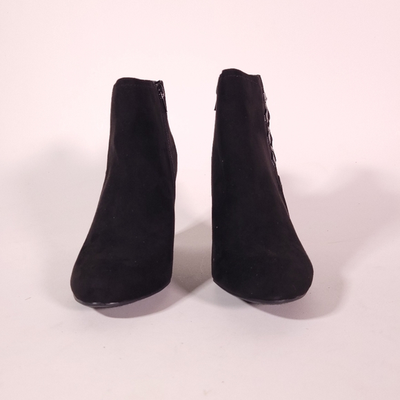 Fergalicous Purge Booties 10 Black Faux Suede Ankle Boots Heels - Picture 3 of 14